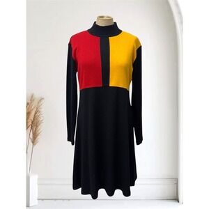 Vintage 90s Karin Stevens‎ M Black Knit Dress Yellow Red Mondrian Colorblock Mod